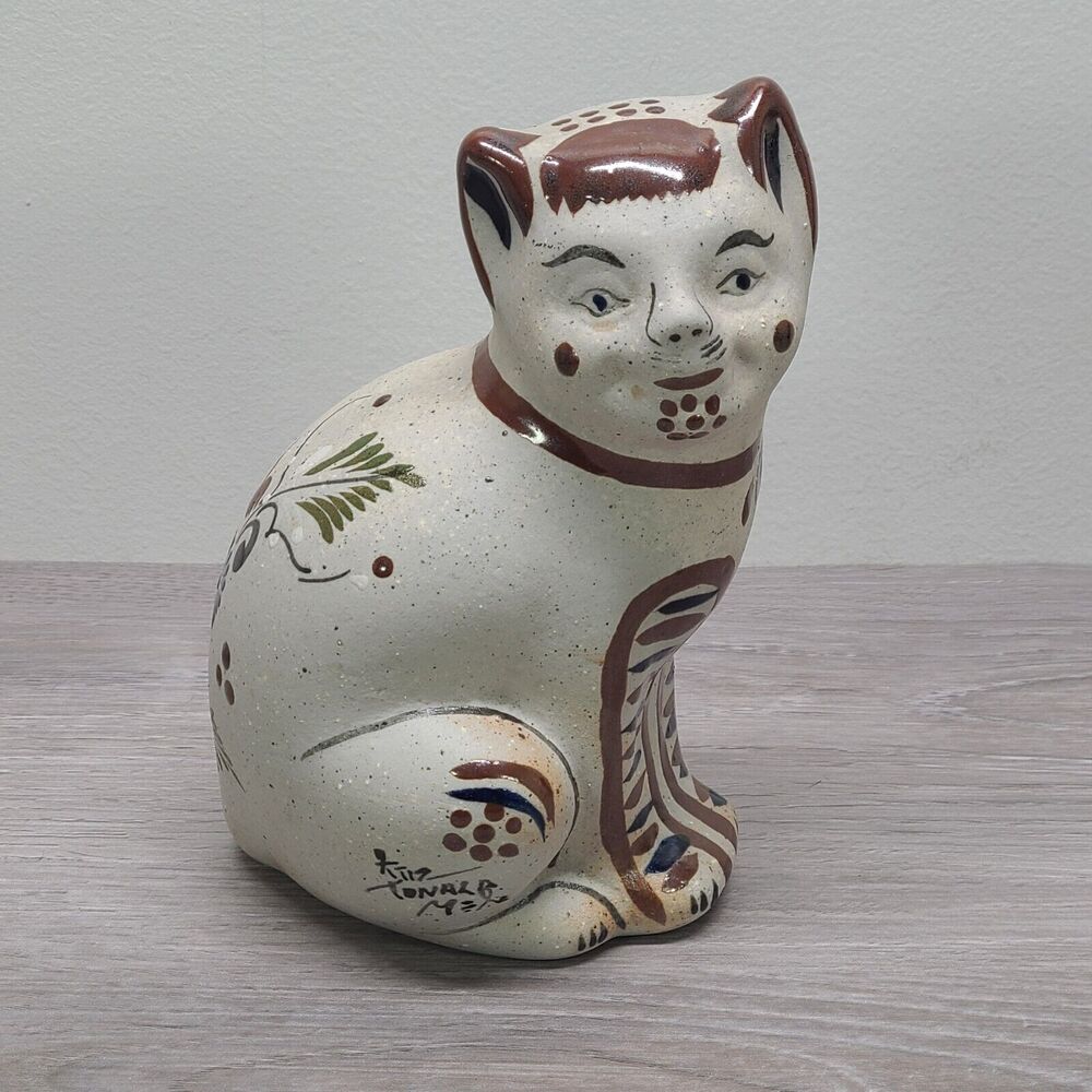 Tonala Mexican Folk Art Pottery Glazed Sitting Cat Figurine Blue Floral